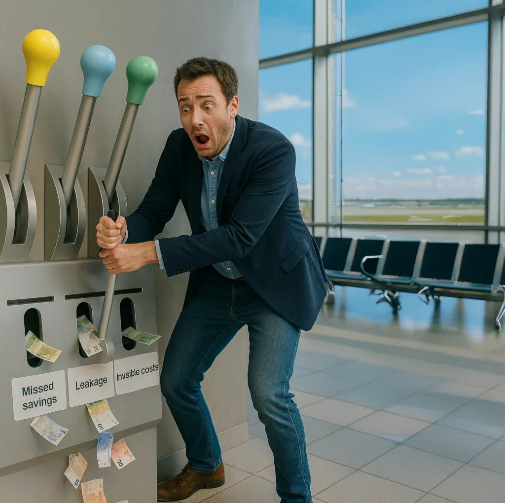 A business traveller in a modern airport looking shocked as money leaks from his suitcase while 3 giant levers are unused behind him, illustrating missed saving and travel spend leakage.