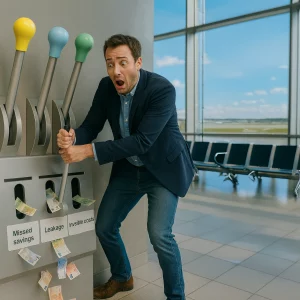 A business traveller in a modern airport looking shocked as money leaks from his suitcase while 3 giant levers are unused behind him, illustrating missed saving and travel spend leakage.